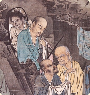 Lin Tinggui. Luohan Laundering. 1178 CE. Section. From the Song Dynasty; ink and colour on a silk hanging scroll, 111.8 cm high and 53.1 cm wide. In the complete painting, five Chinese Buddhist <u>luohan</u> (arhats) and one attendant are washing clothes in a stream and hanging them up to dry