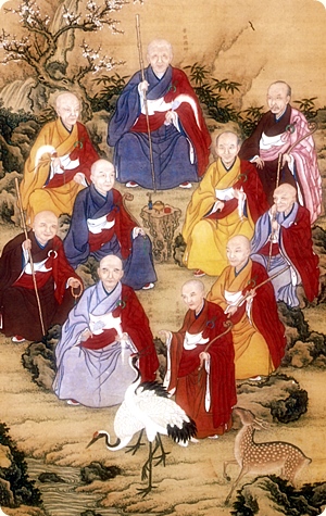 Men of Zen, Patriarchs of Zen Buddhism by Yamamoto Jakurin. Hanging scroll color on silk Kofukuji-ji temple, Nagasaki. Modified section