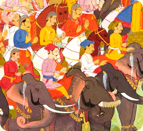 Hærane står fylka imot kvarandre på valen. Detalj frå akvarell frå rundt 1700, India, Mewar.