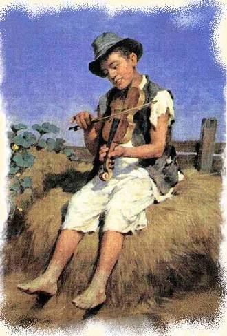 Fiddler Gypsy Boy. Oljemåling på lerret.