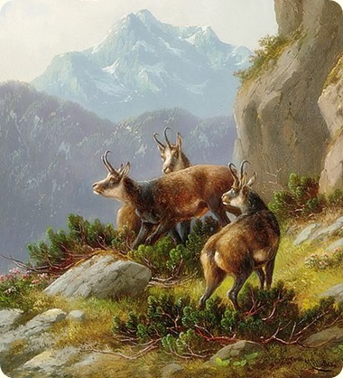 Swiss folk tales fronted by section of Gemsen in einer alpinen Landschaft by Moritz Müller (1841–1899)