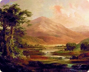 Skotske eventyr eller segner fronta av Robert Duncanson's Scottish_Landscape, 1871. Modifisert utsnitt