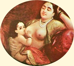 Raja Ravi Varma. Lady feeding her child. Modified section.