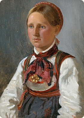 Adolph Tidemand. Portrett av Gunild Olsdatter frå Tinn. 1848. Modifisert utsnitt.