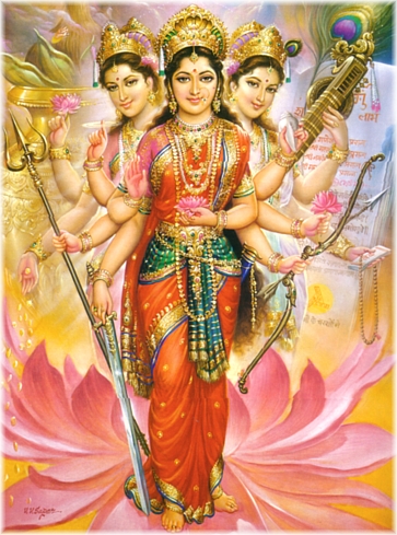 Lakshmi, Parvati, and Saraswati together, fronting discourses