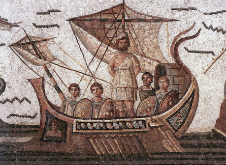 Ulysses on his ship. Romanesque mosaic