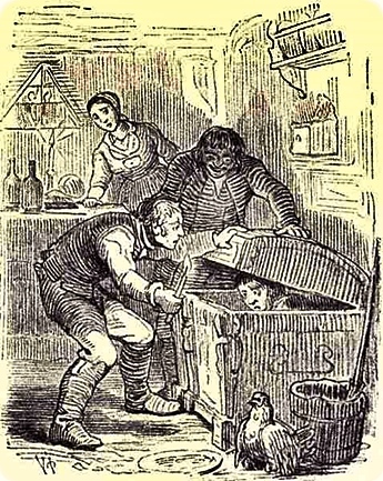 Vilhelm Pedersen. Illustrasjon til H.C. Andersens eventyr Lille Claus og Store Claus. Tresnitt, 1849.