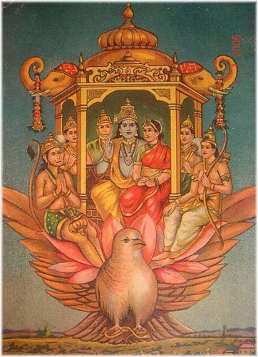 Rama on the Pushpak Vimana, mythical, flying throne, vehicle, or palace.