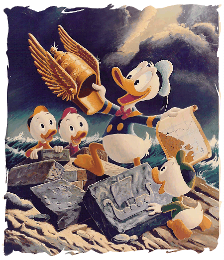 DONALD DUCK OG GULLHJELMEN. Det meste av Carl Barks oljem&aring;ling p&aring;  bakgrunn av framsidebilete i Donald fr&aring; 1952.