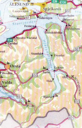 Hjørundfjorden, kartutsnitt frå Hjørundfjordportale;