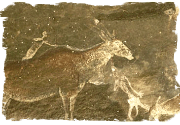HUNTERS AND ANIMALS in a Cave Painting in the Drakensberg Range