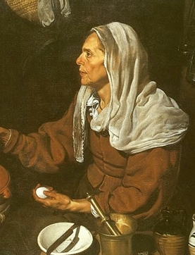 Diego Velázques. Old Woman frying Eggs, 1618. Section.