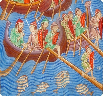 Abbo of Fleury, Passio Edmundi: Illustrasjon av invaderande vikingar (danskar) på folio 9v i Pierpont Morgan Library MS M.736. Modifisert utsnitt.