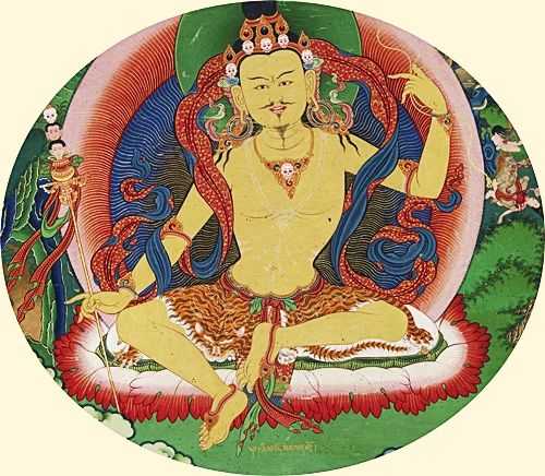 Bhutanese painted thanka of Guru Nyima Ozer, late 19th century, Do Khachu Gonpa, Chukka, Bhutan. Section. Modified colours